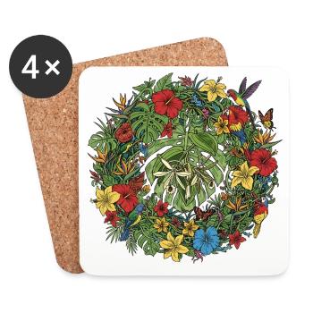 Tropical flower wreath with birds - Coasters (set of 4) - white - Front