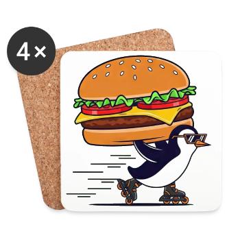 Un mignon pingouin dégustant un cheeseburger. - Dessous de verre (lot de 4) - blanc - Devant