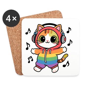 Chat arc en ciel DJ hoodie notes de musique - Dessous de verre (lot de 4) - blanc - Devant