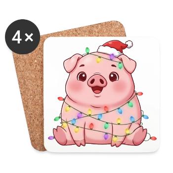 Cute Christmas Pig Cartoon String Lights - Coasters (set of 4) - white - Front
