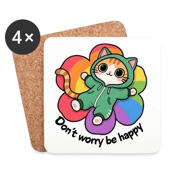 Don't worry be happy, chat relax sur une fleur - Dessous de verre (lot de 4) - blanc - Devant
