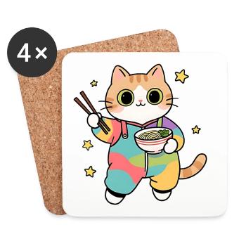 Cat Ramen Colorful Kimono - Coasters (set of 4) - white - Front