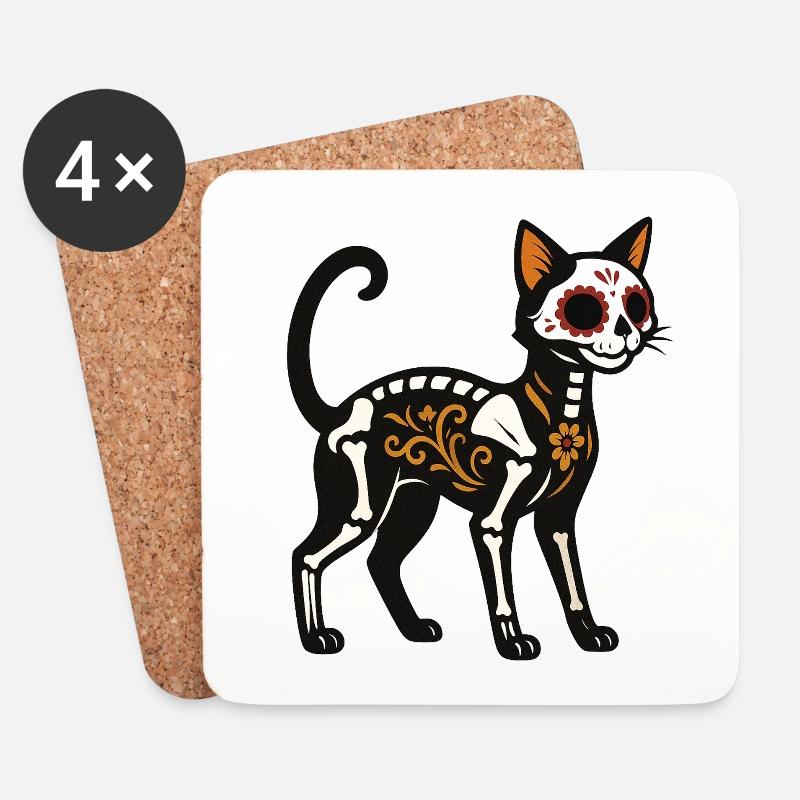 Dia de Muertos Skeletkatze - Untersetzer (4er-Set) - Weiß