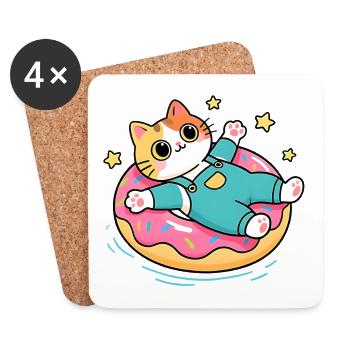 Chat sur donut flottant pastel - Dessous de verre (lot de 4) - blanc - Devant