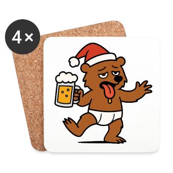 Christmas Bear Cheers Beer Santa Hat Berlin - Coasters (set of 4) - white - Front