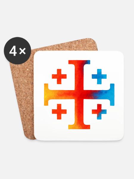 Kairos Kreuz (Jerusalemkreuz) – Feuerschein & Azur - Untersetzer (4er-Set) - Weiß