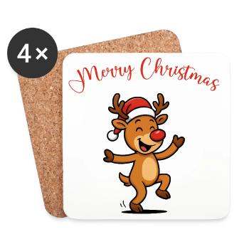 Cerf au chapeau de Père Noël - Dessous de verre (lot de 4) - blanc - Devant
