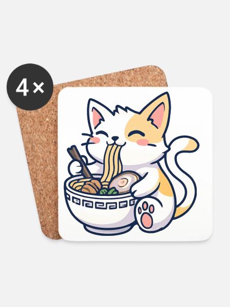 Kawaii Ramen Katze Freude - Untersetzer (4er-Set) - Weiß