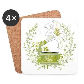 Lily Gramophone – Floral Music Motif in Green - Coasters (set of 4) - white - Front
