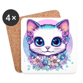 Pastel kitten with floral wreath - Coasters (set of 4) - white - Front