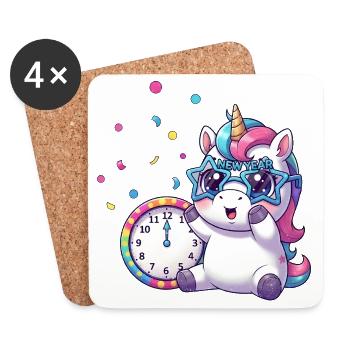 Happy New Year Unicorn with Clock - Coasters (set of 4) - white - Front