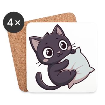 Chaton kawaii câlin sur oreiller - Dessous de verre (lot de 4) - blanc - Devant