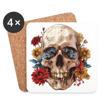 Crâne, crâne avec des fleurs - Dessous de verre (lot de 4) - blanc - Devant