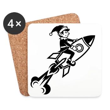 Gnome sur le design de dessins animés de fusée volante - Dessous de verre (lot de 4) - blanc - Devant