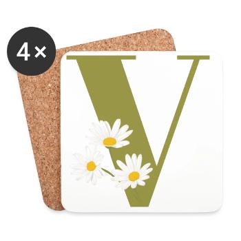 Lettre v vert marguerites - Dessous de verre (lot de 4) - blanc - Devant