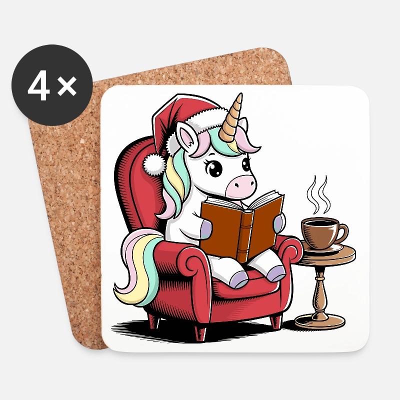 Einhorn mit Weihnachtsmütze liest ein Buch - Untersetzer (4er-Set) - Weiß
