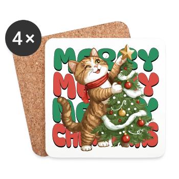 Katze Weihnachtsbaum Weihnachten Xmas Süß Lustig - Untersetzer (4er-Set) - Weiß - Vorne