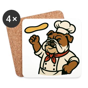 Bulldog Chef Pizza Dough Tossing Cartoon Design - Coasters (set of 4) - white - Front