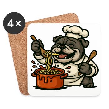 Bulldog Chef Cooking Pasta Happy Cartoon Design - Coasters (set of 4) - white - Front