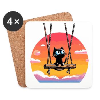 Chat sur balançoire au coucher du soleil - Dessous de verre (lot de 4) - blanc - Devant