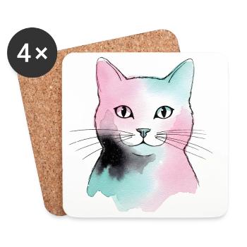 Pastellkatze Wasserfarben - Untersetzer (4er-Set) - Weiß - Vorne