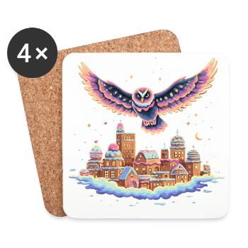Vol de hibou pastel au-dessus de la ville des nuages - Dessous de verre (lot de 4) - blanc - Devant