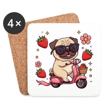 Cool Pug Scooter Fahrer Kawaii Sommerkunst - Untersetzer (4er-Set) - Weiß - Vorne
