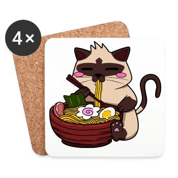 Chat siamois mangeant des nouilles ramen japonaises Kawaii - Dessous de verre (lot de 4) - blanc - Devant