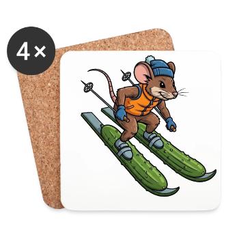 Cute Mouse Rat Ski Skier Cucumber Winter Getaway - Coasters (set of 4) - white - Front