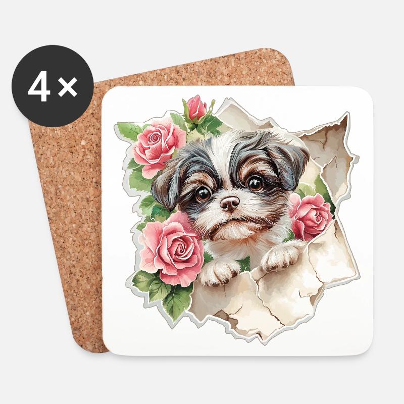Shih Tzu Vintage Blumen - Untersetzer (4er-Set) - Weiß