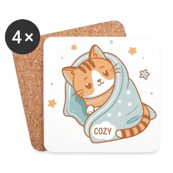 Cozy Cat Under Starry Blanket Cozy - Coasters (set of 4) - white - Front