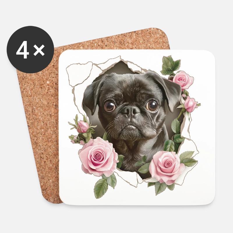 Mops Blumen Vintage - Untersetzer (4er-Set) - Weiß