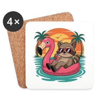 Drôle de détente de raton laveur sur le coucher de soleil du flou flamant rose - Dessous de verre (lot de 4) - blanc - Devant