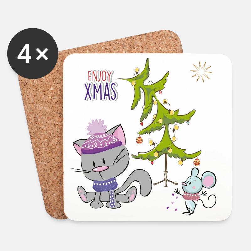 Christmas  Katzen und Maus - Untersetzer (4er-Set) - Weiß