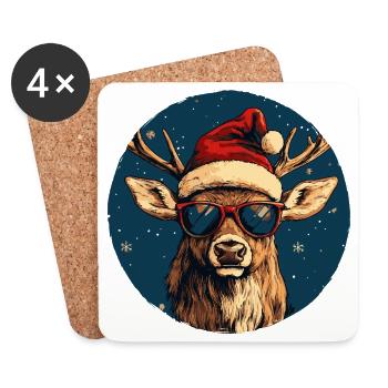 Renne au chapeau du Père Noël avec lunettes de soleil - Dessous de verre (lot de 4) - blanc - Devant