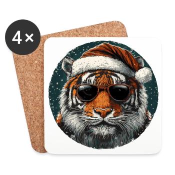 Tiger mit Santa Hut und Sonnenbrille - Untersetzer (4er-Set) - Weiß - Vorne
