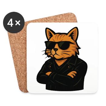 Chat cool avec des lunettes de soleil en cuir - Dessous de verre (lot de 4) - blanc - Devant
