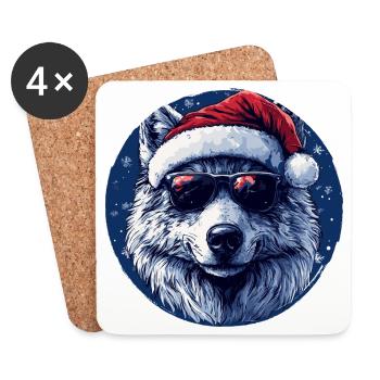 Wolf mit Weihnachtsmütze und Sonnenbrille - Untersetzer (4er-Set) - Weiß - Vorne