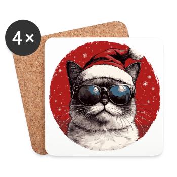 Cat Santa with sunglasses - Coasters (set of 4) - white - Front