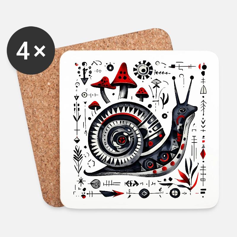 Folk Art Schnecke mit Pilzen – Retro Design  - Untersetzer (4er-Set) - Weiß