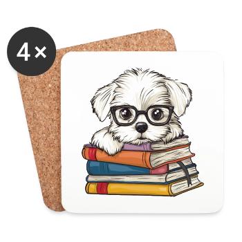 Süßes Malteserhund-Lesebuch mit Brille - Untersetzer (4er-Set) - Weiß - Vorne
