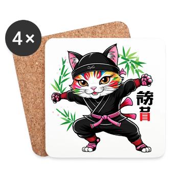 Chat Ninja Kawaii japonais - Dessous de verre (lot de 4) - blanc - Devant