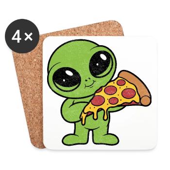 Cute Alien with Pizza Slice Pizza Fan - Coasters (set of 4) - white - Front