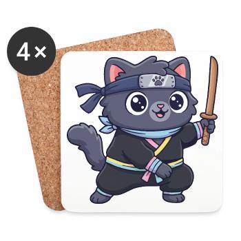 Chat ninja en costume de samouraï - Dessous de verre (lot de 4) - blanc - Devant
