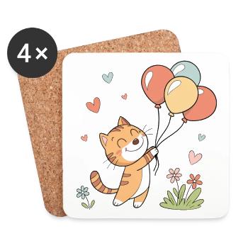 Chat joyeux avec des ballons - Dessous de verre (lot de 4) - blanc - Devant