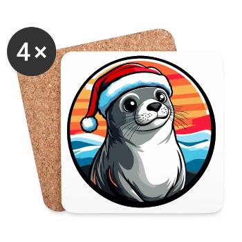 Sea Lion in Winter Santa Hat - Coasters (set of 4) - white - Front