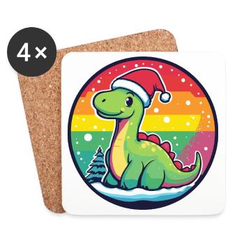 Dino avec un Arc-en-ciel au Chapeau de Noël - Dessous de verre (lot de 4) - blanc - Devant