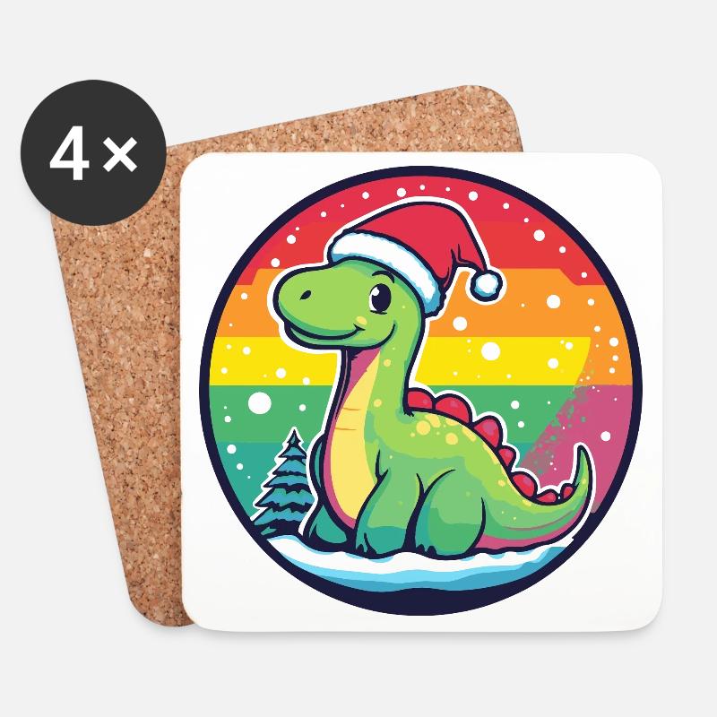 Dino mit Weihnachtsmütze Regenbogen - Untersetzer (4er-Set) - Weiß