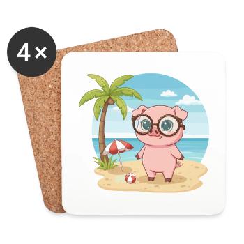 Cute Pig with Glasses Beach Summer Vacation - Coasters (set of 4) - white - Front