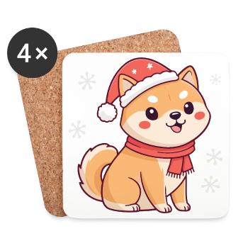 Shiba Noël Mignon avec chapeau et écharpe - Dessous de verre (lot de 4) - blanc - Devant